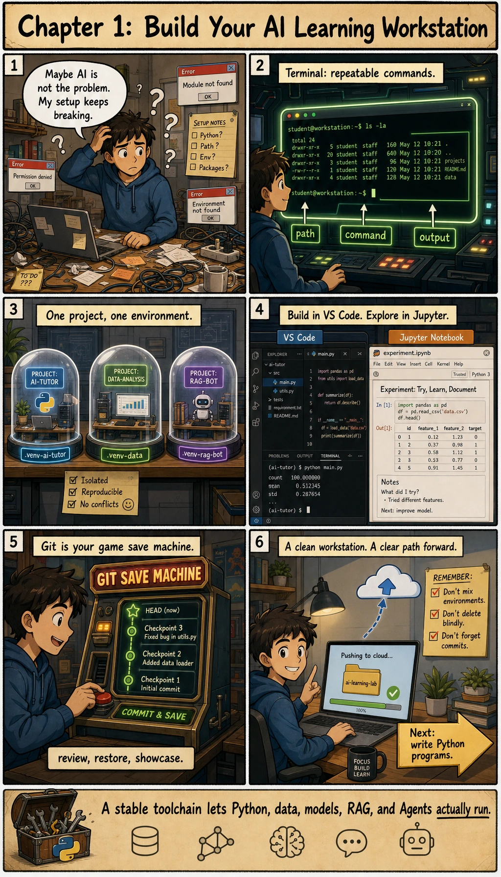 AI workstation comic guide for developer tools