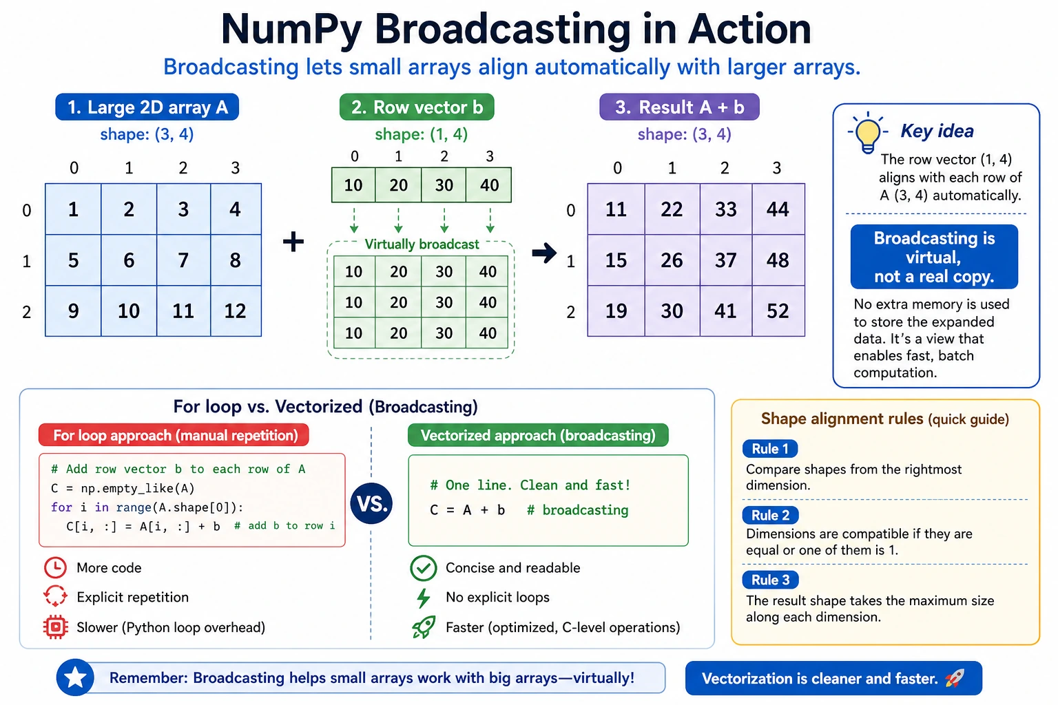 NumPy Broadcasting and Vectorization Diagram