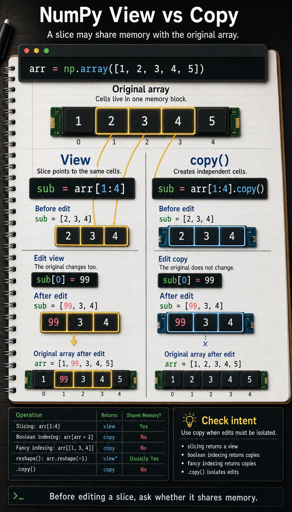 NumPy view vs copy trap diagram