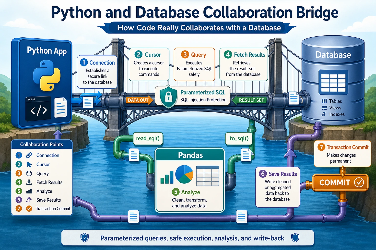 Python and database collaboration bridge diagram