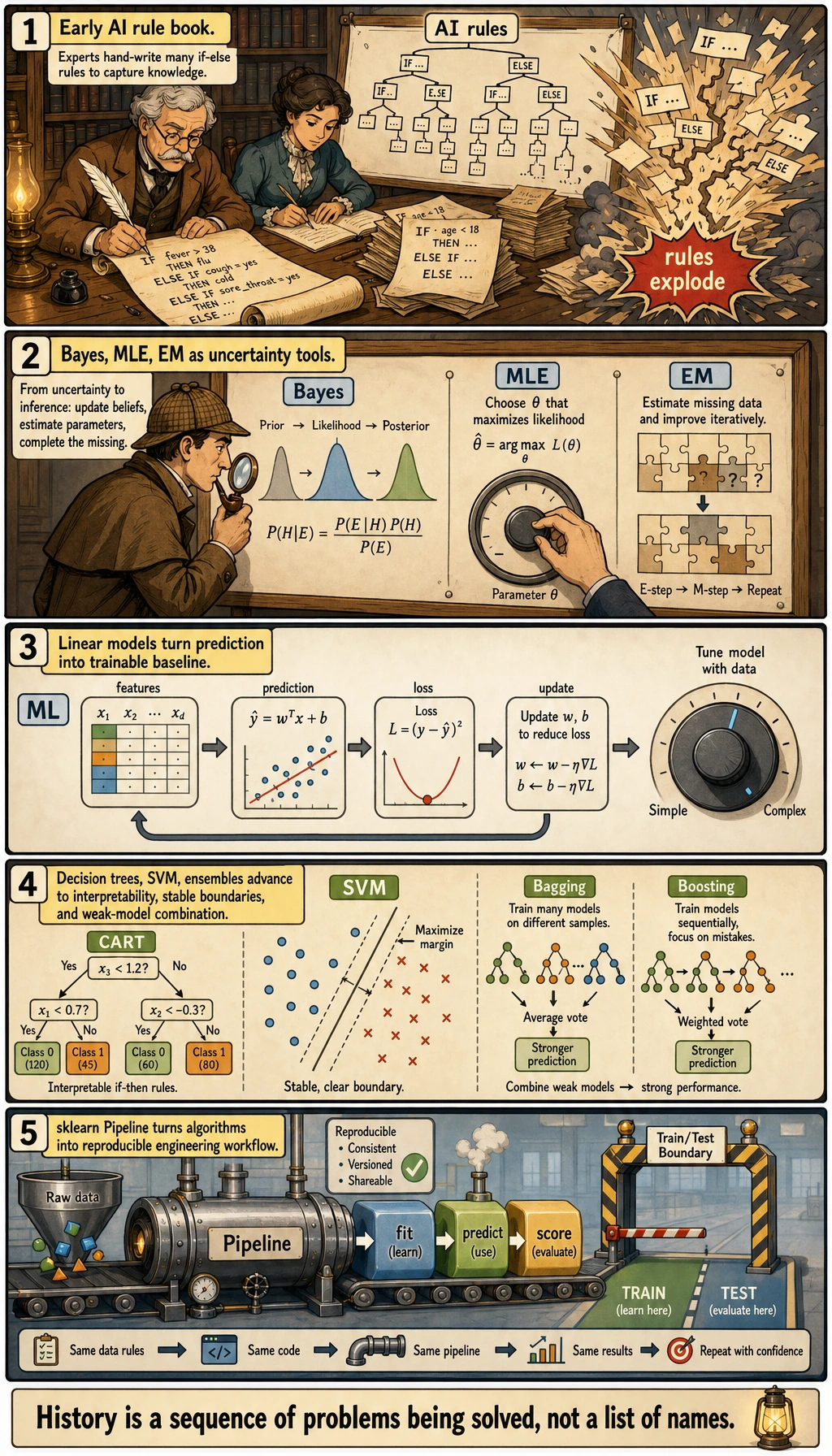 Machine learning history from rules to workflow comic