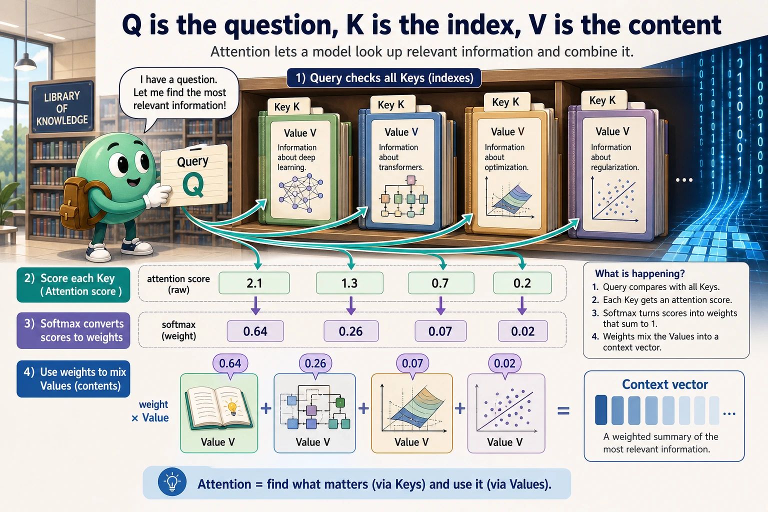 Library retrieval analogy diagram for attention QKV