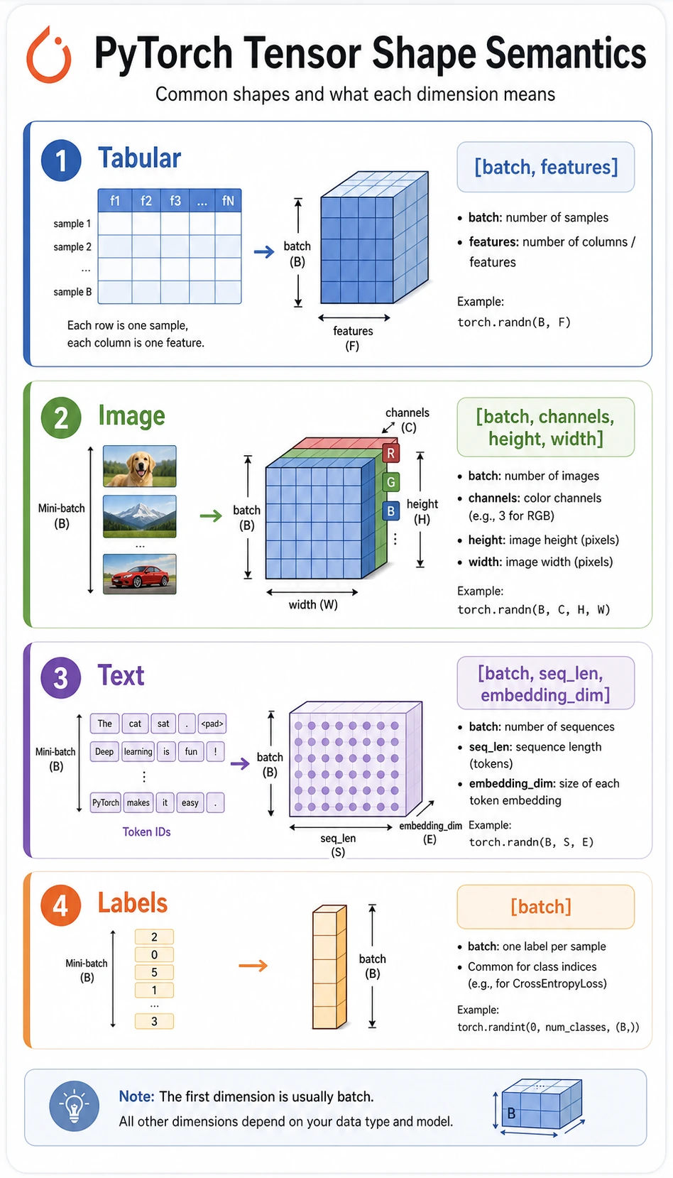 Quick reference map for PyTorch tensor shapes and meanings