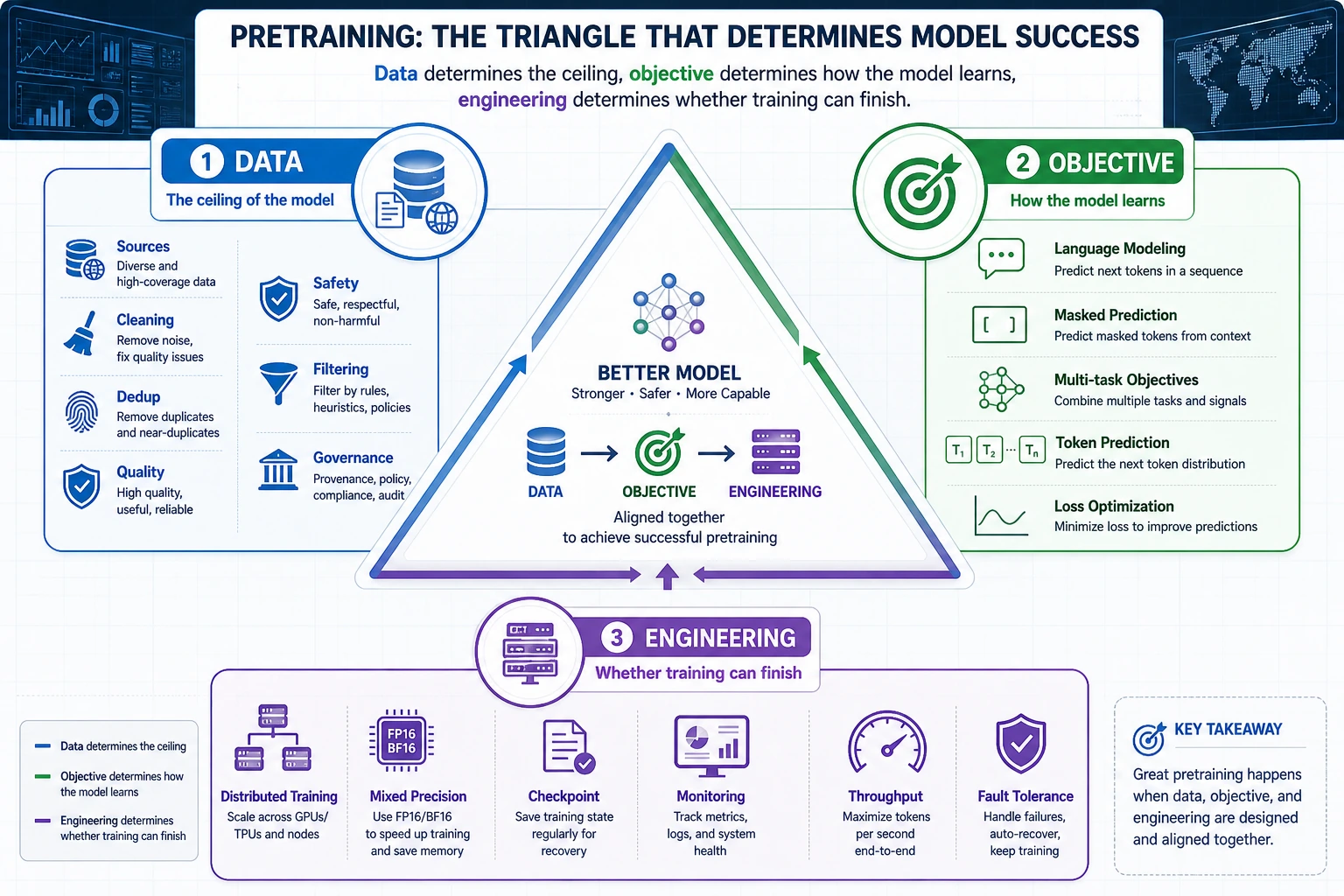 Triangle diagram of pretraining data, objective, and engineering
