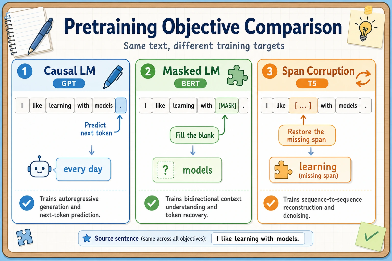 Comparison of pretraining objective sample transformations