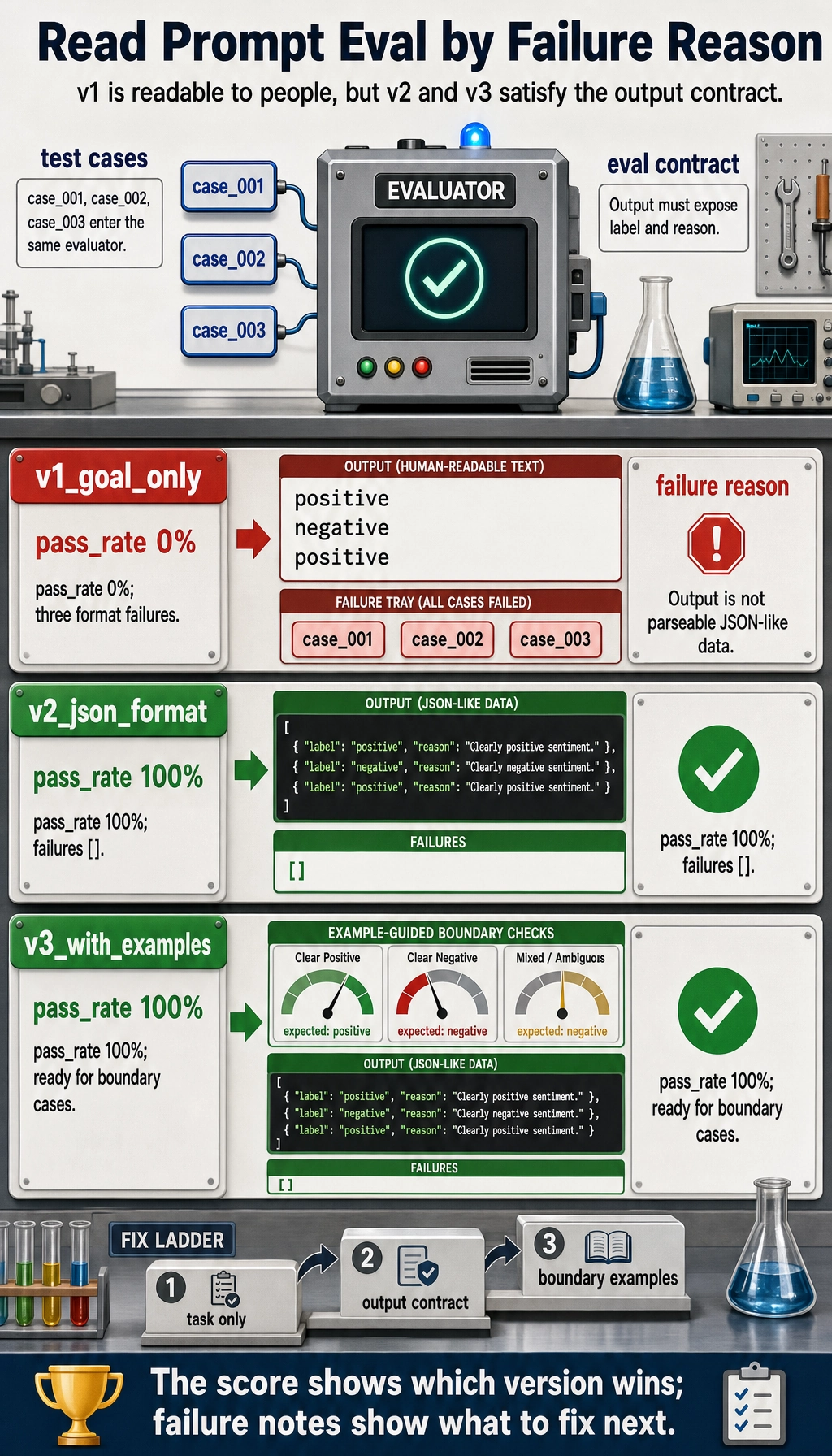 Prompt evaluation version pass rate and failure result board