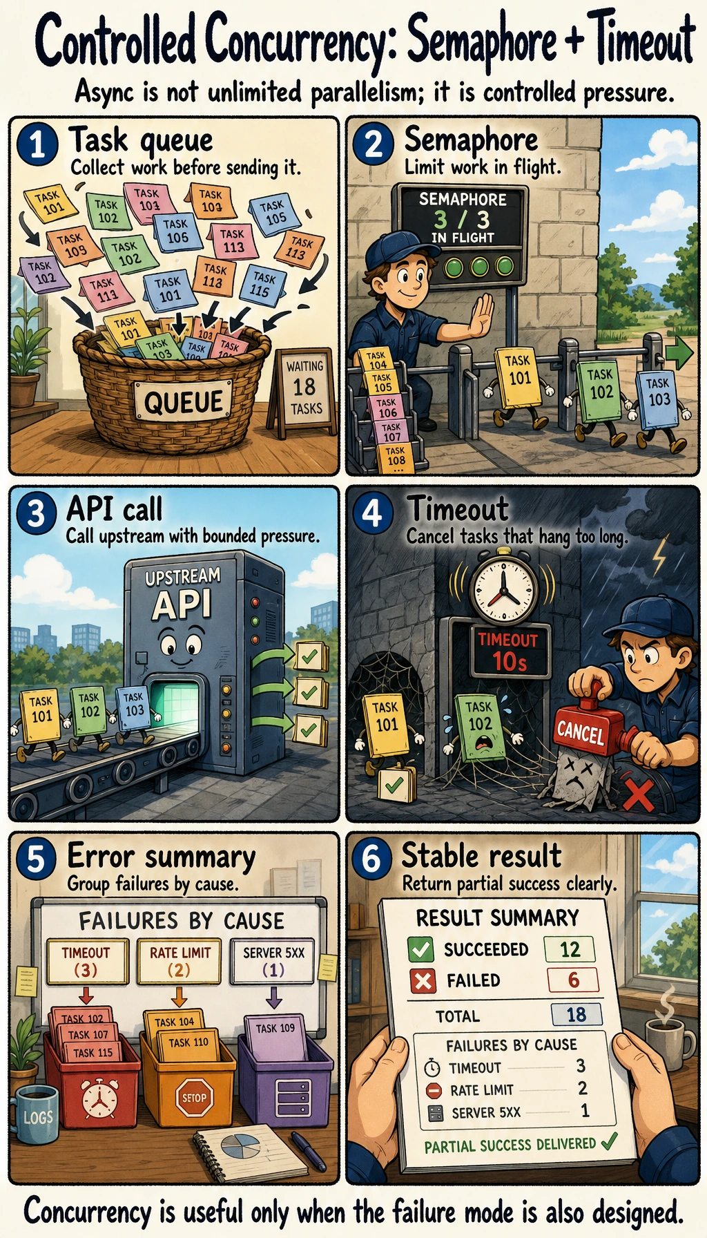 Async concurrency, Semaphore, and timeout control diagram