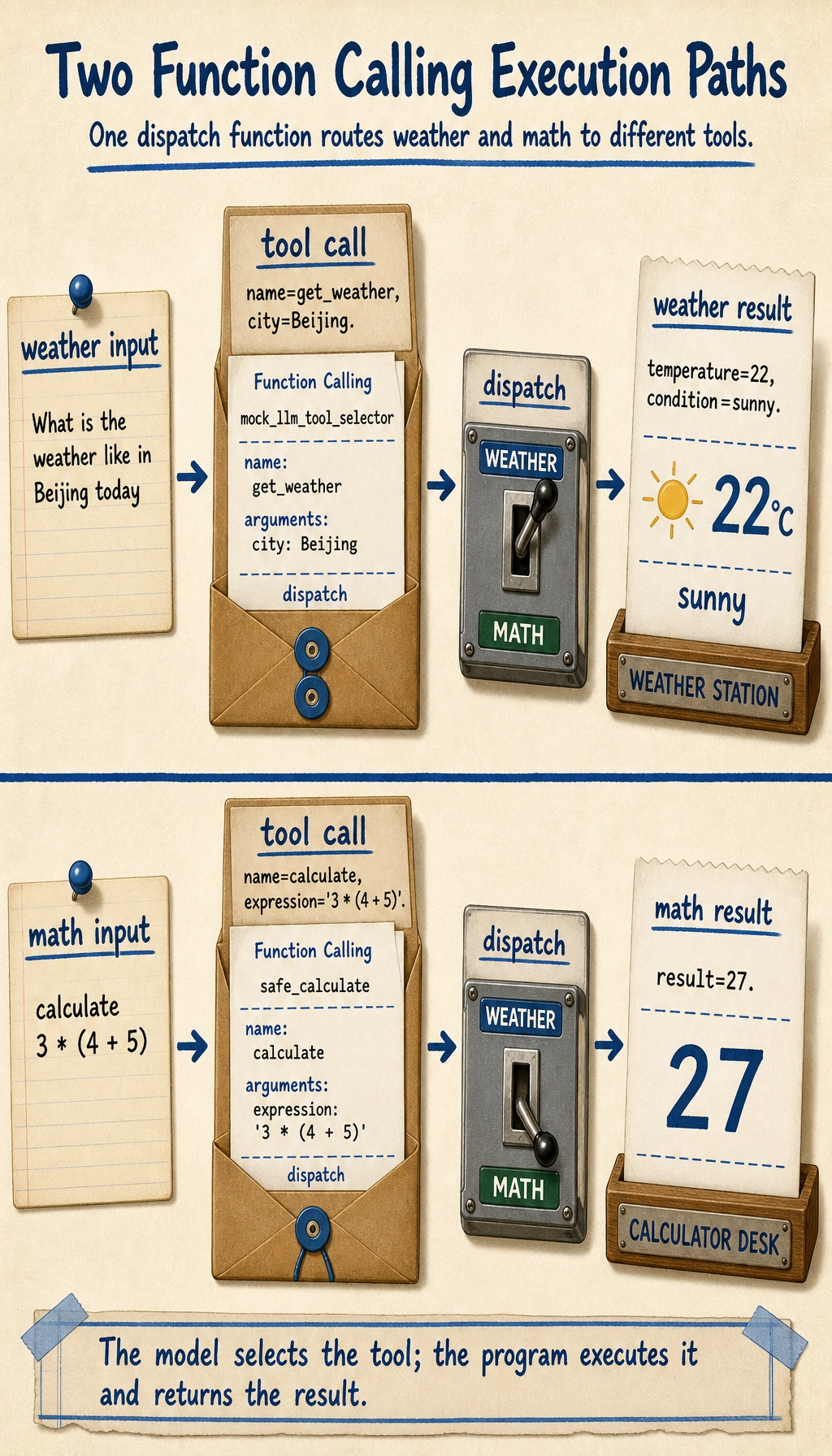 Function Calling weather and calculator result map