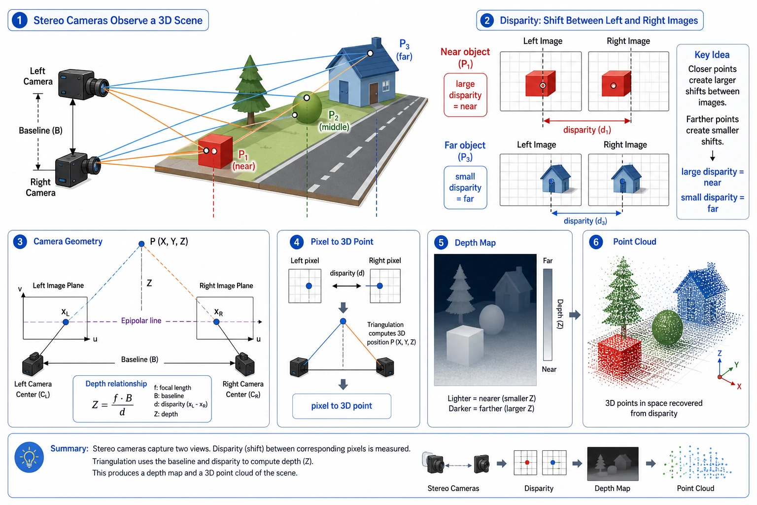 Intuition diagram for depth, disparity, and point cloud in 3D vision