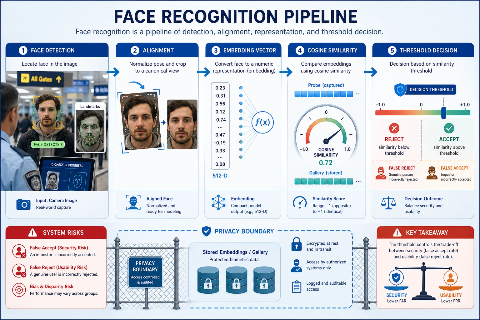 Face detection, alignment, embedding, and threshold risk diagram