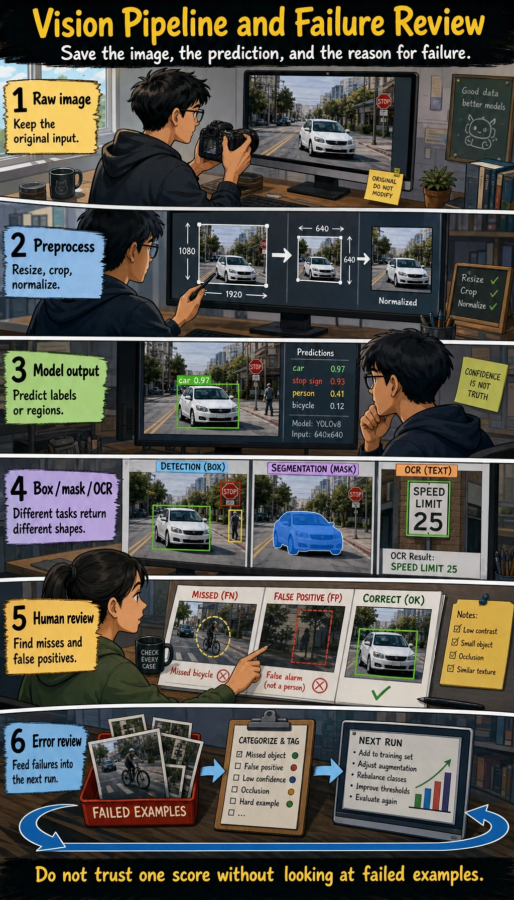 Vision pipeline and failure review loop