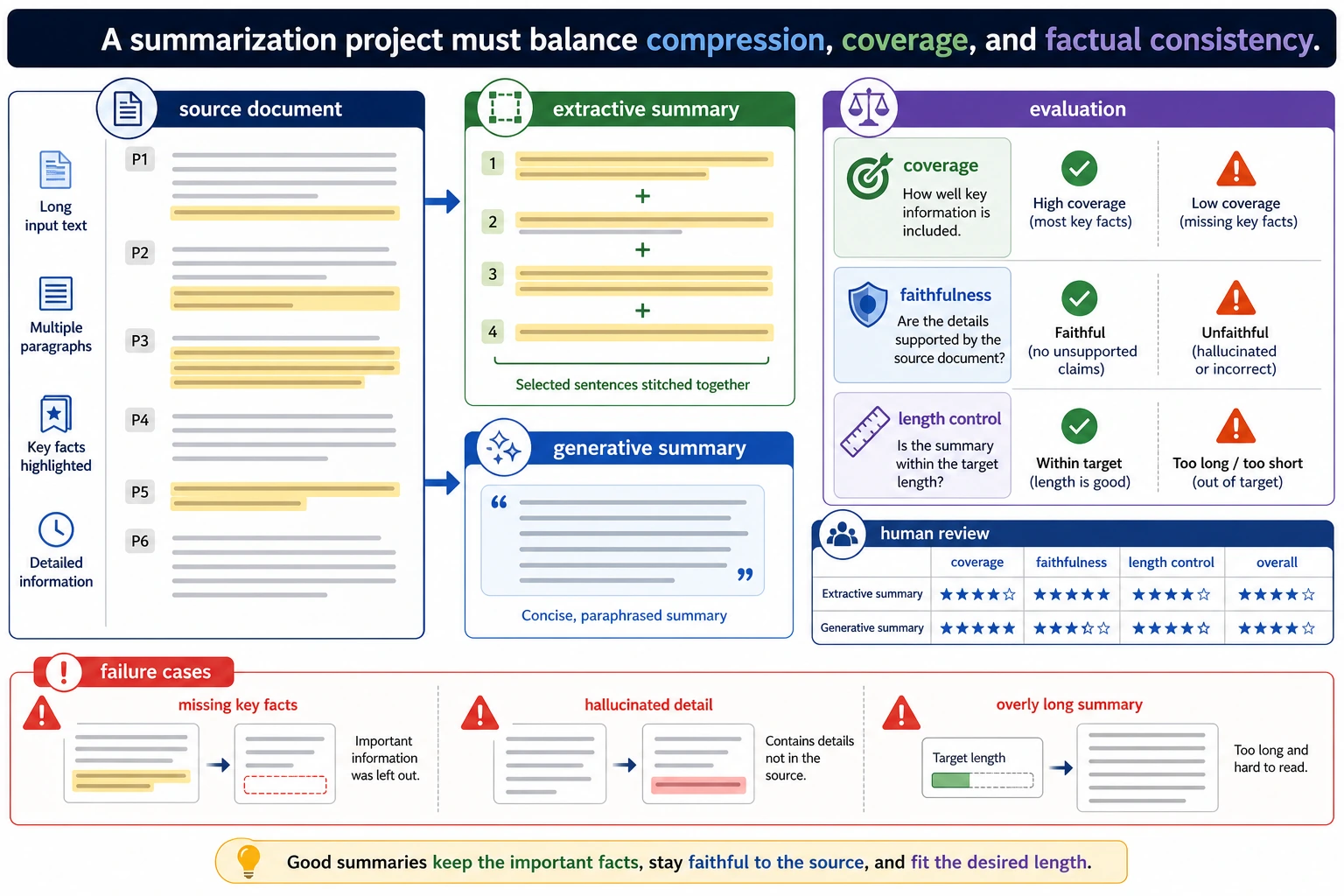 Text summarization extraction-generation-evaluation diagram
