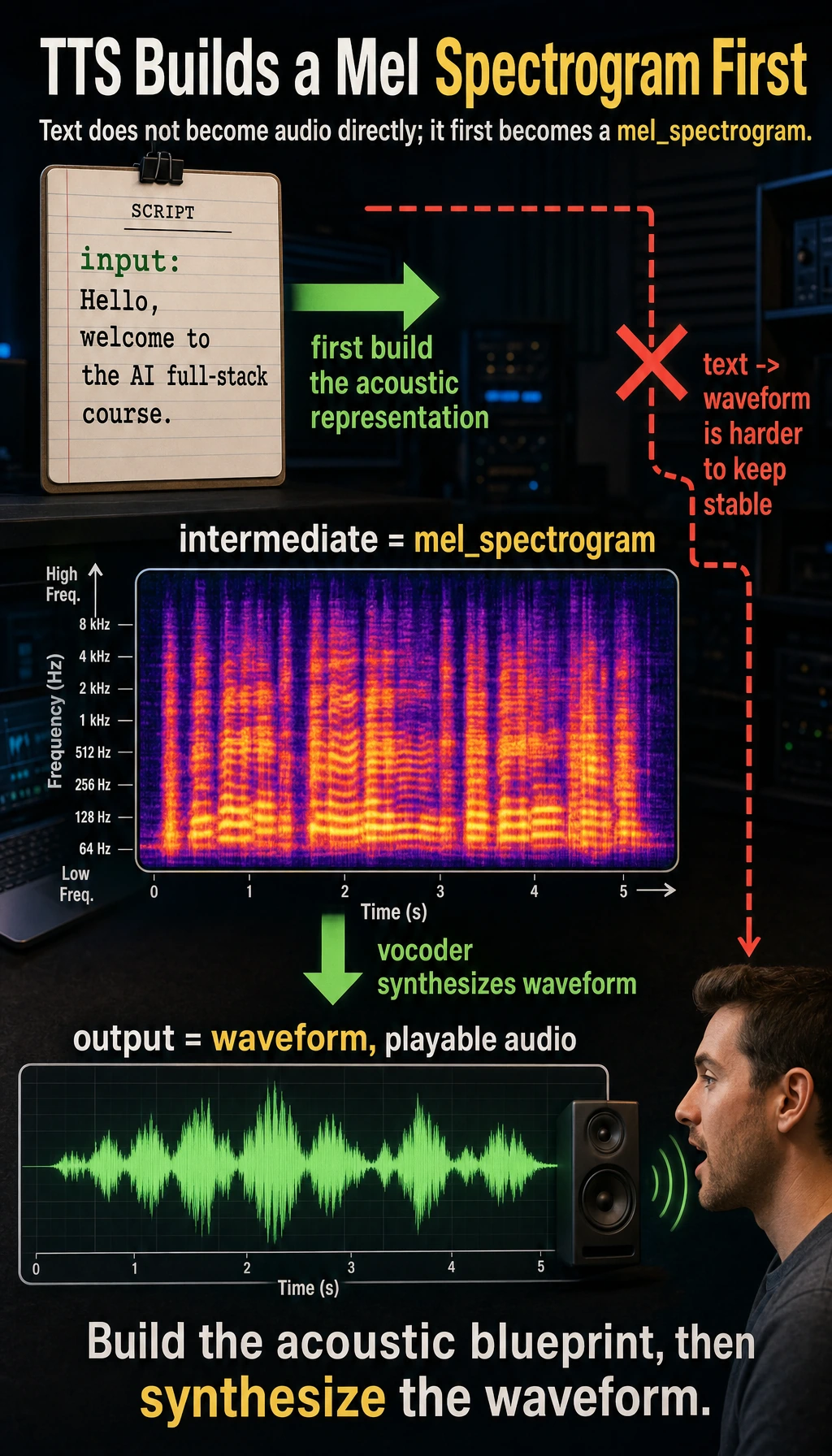 TTS pipeline mel spectrogram to waveform result map
