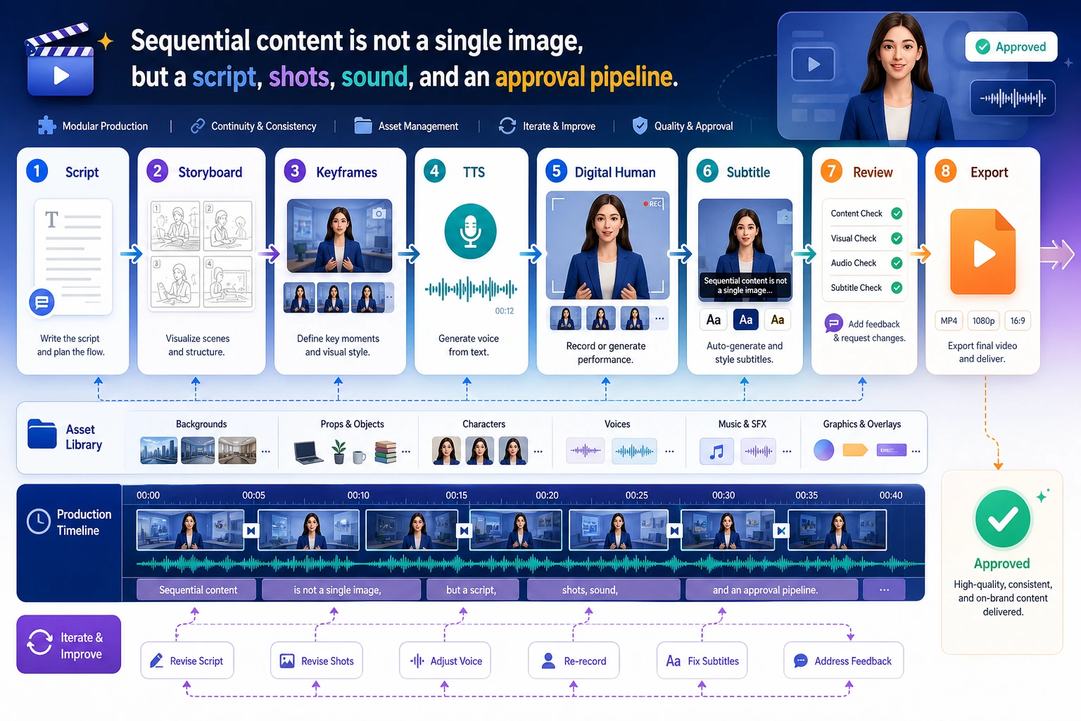 Video, speech, and digital human chapter learning sequence diagram