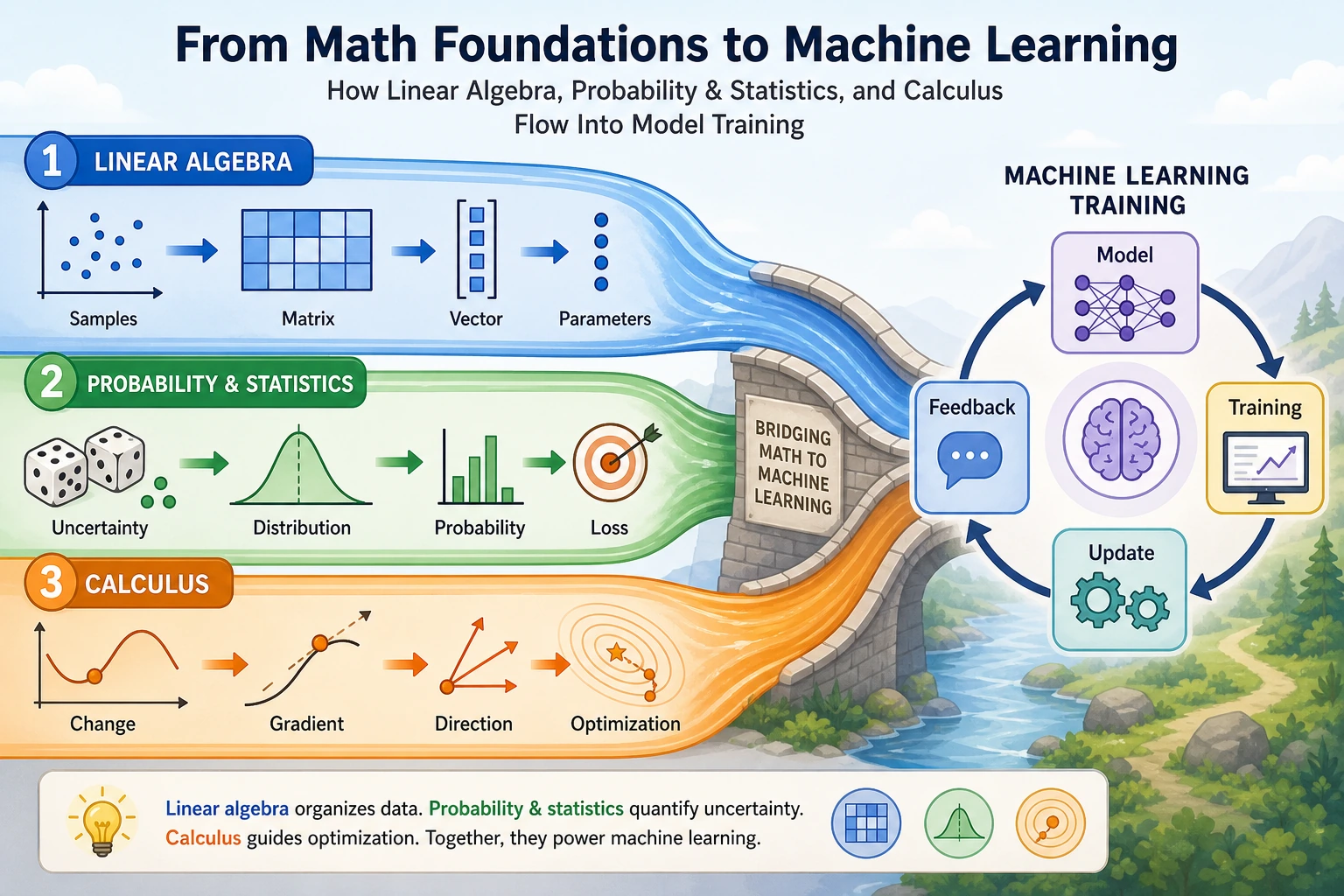 Bridge diagram from math to machine learning