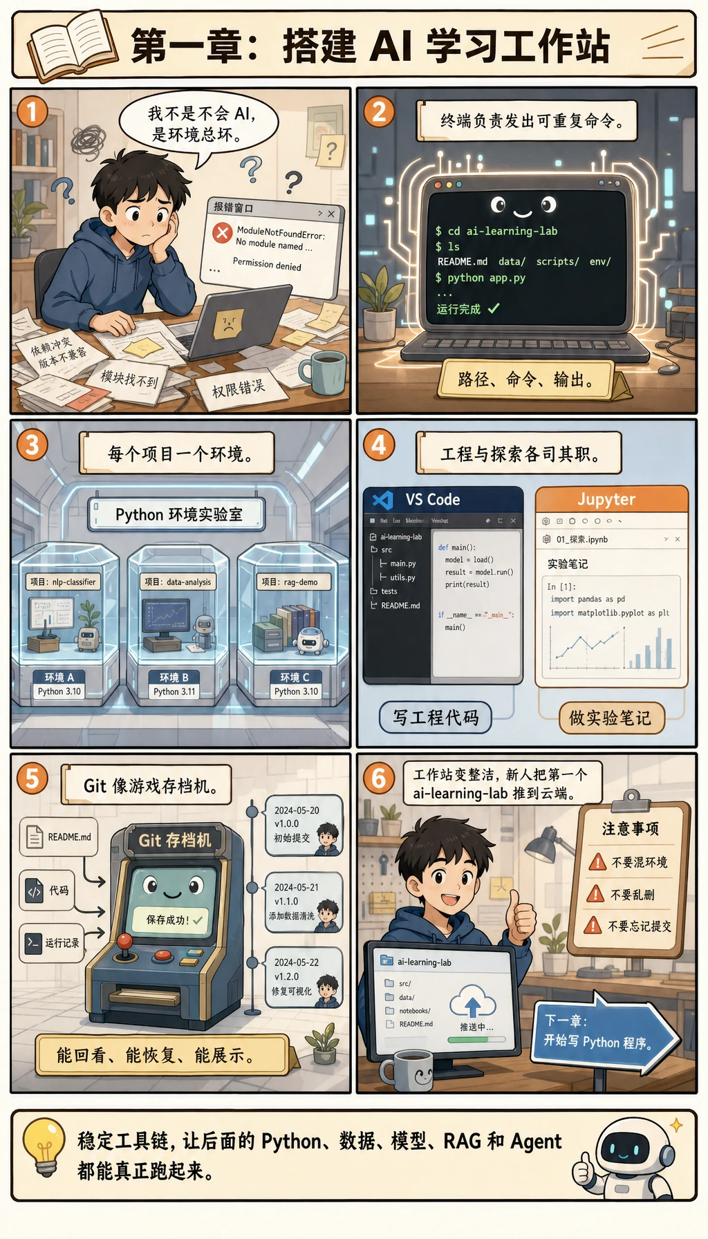 开发者工具 AI 工作站漫画指导图