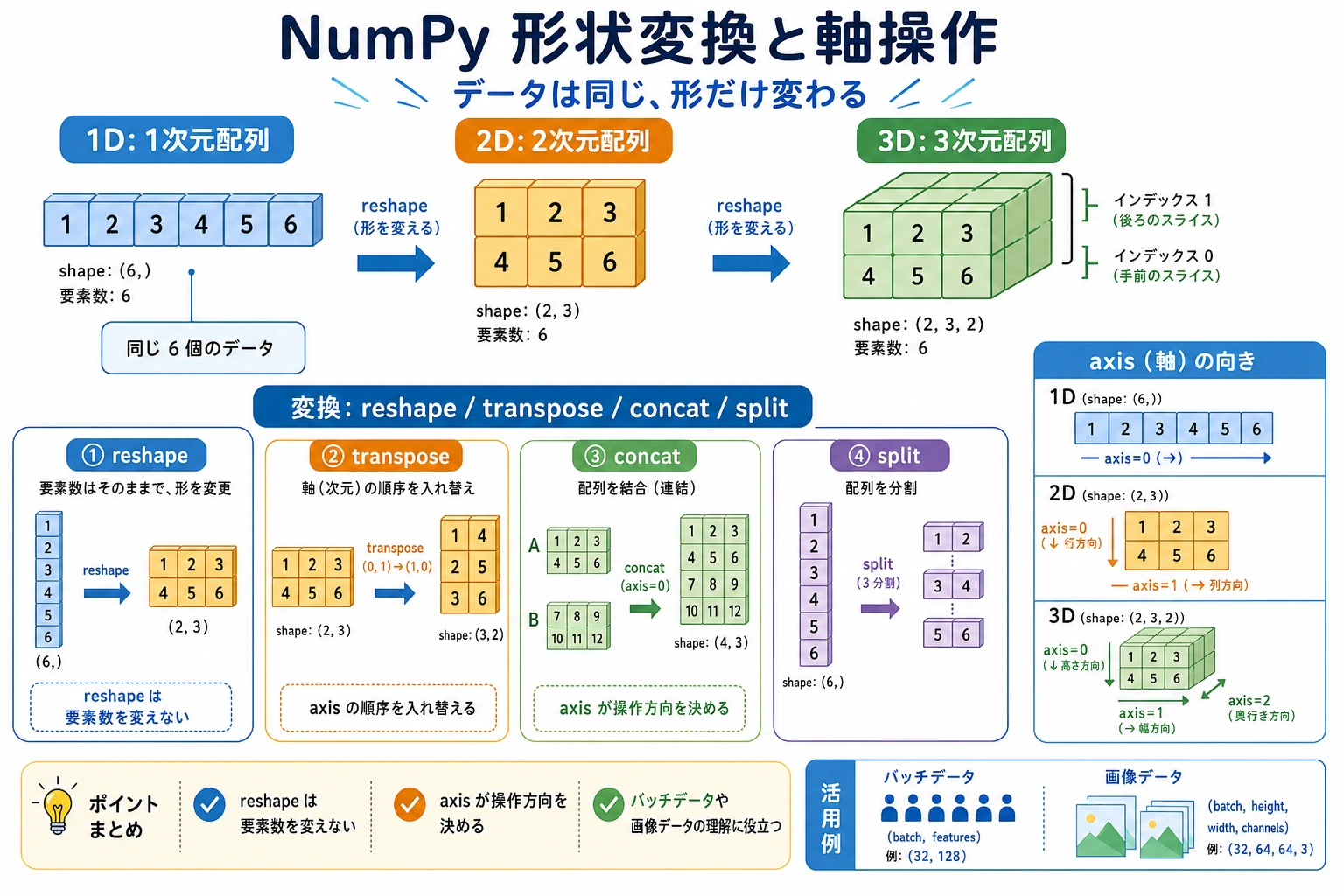 NumPy 変形と軸操作の図