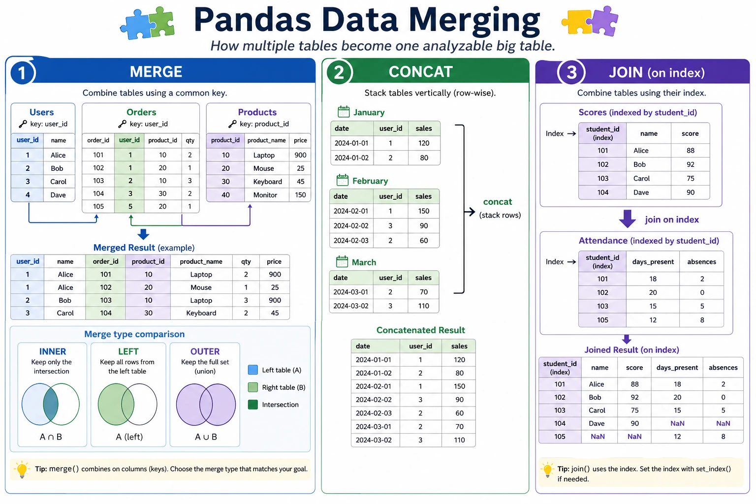 Pandas merge, concat, and join diagram