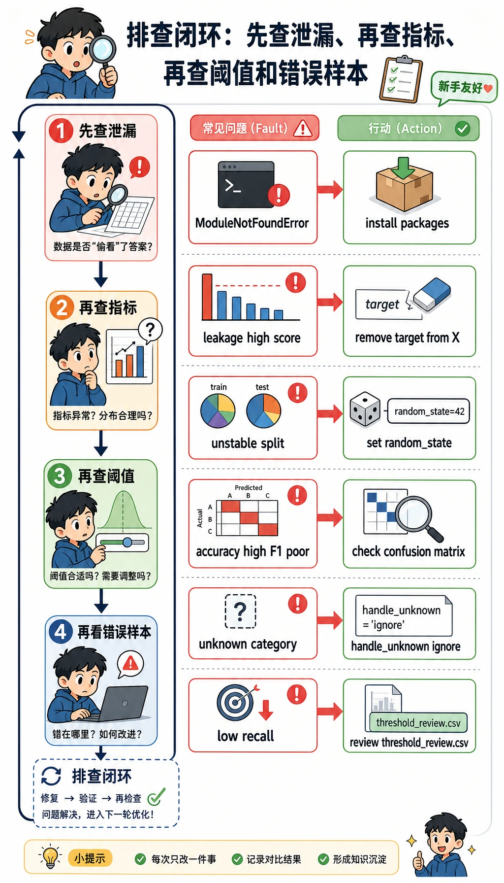 机器学习工作坊泄漏与调试闭环图