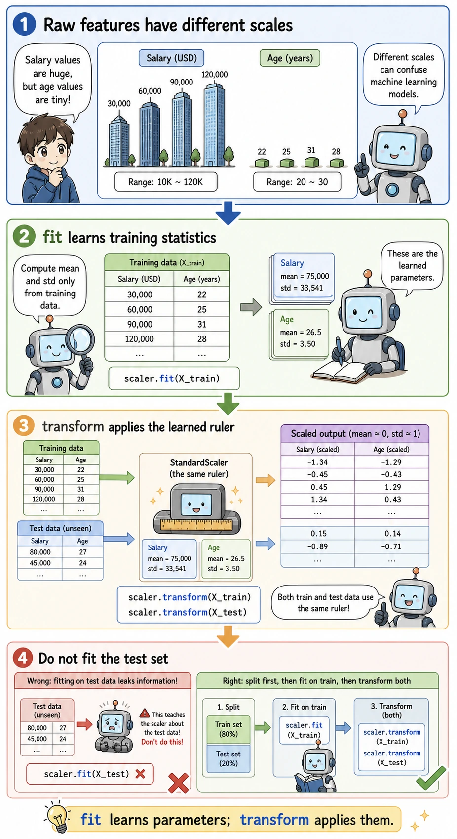 StandardScaler fit versus transform comic