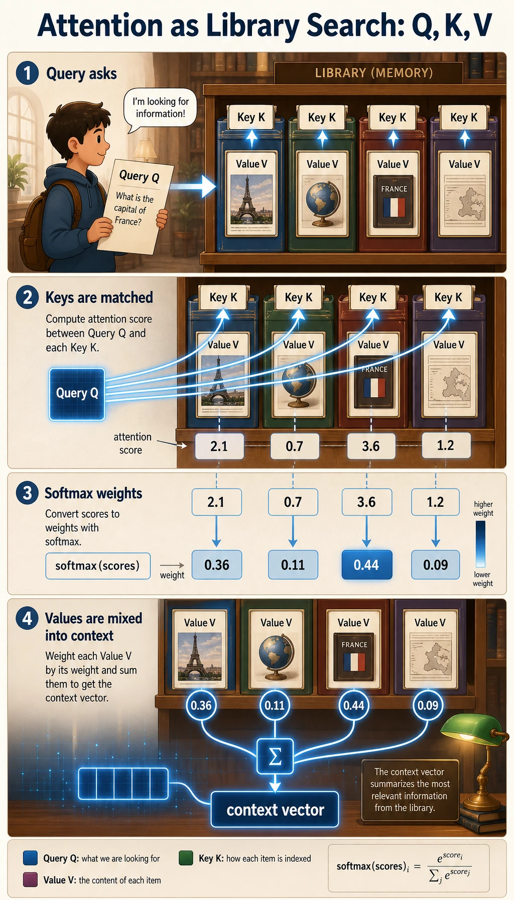 Library retrieval analogy diagram for attention QKV