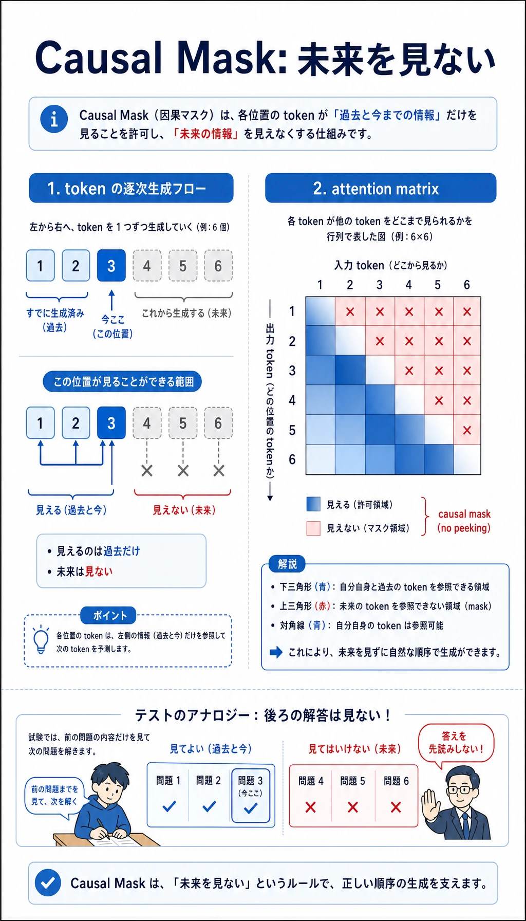 Causal Mask が未来の覗き見を防ぐ図