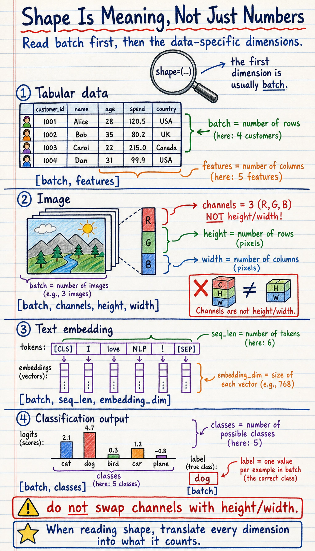 Quick reference map for PyTorch tensor shapes and meanings