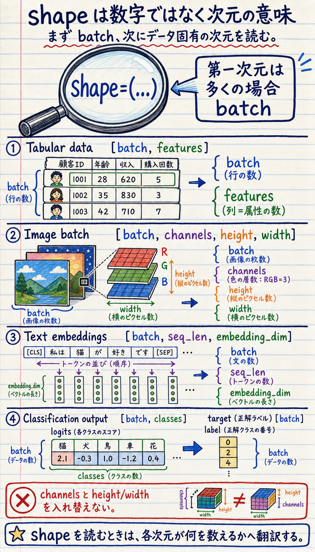 PyTorch テンソル shape と意味の速習図