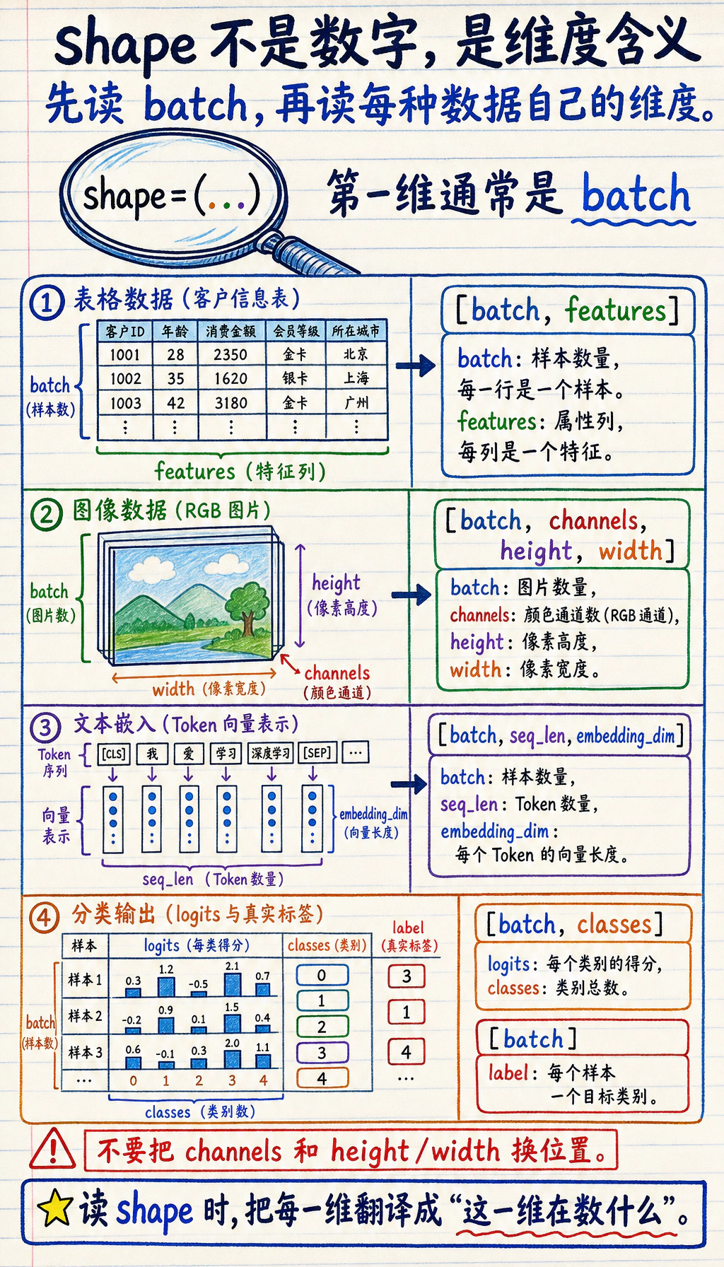 PyTorch 张量 shape 语义速查图