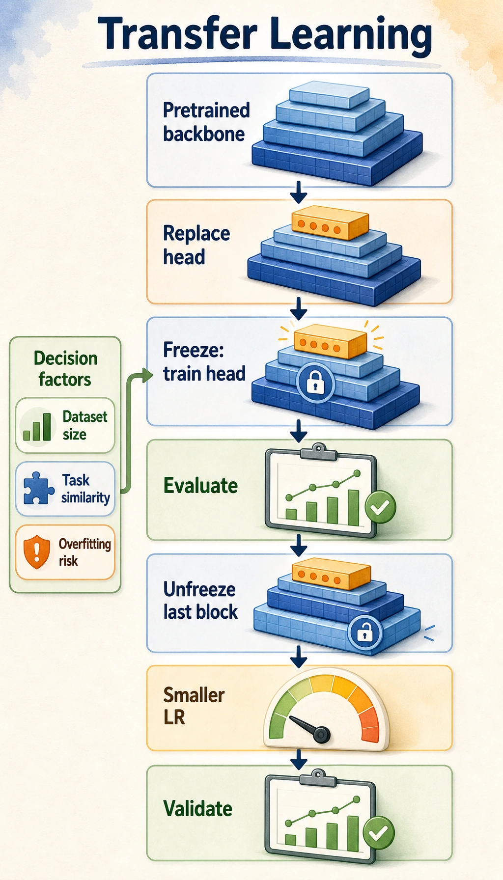 Decision diagram for freezing the backbone and progressive fine-tuning in transfer learning
