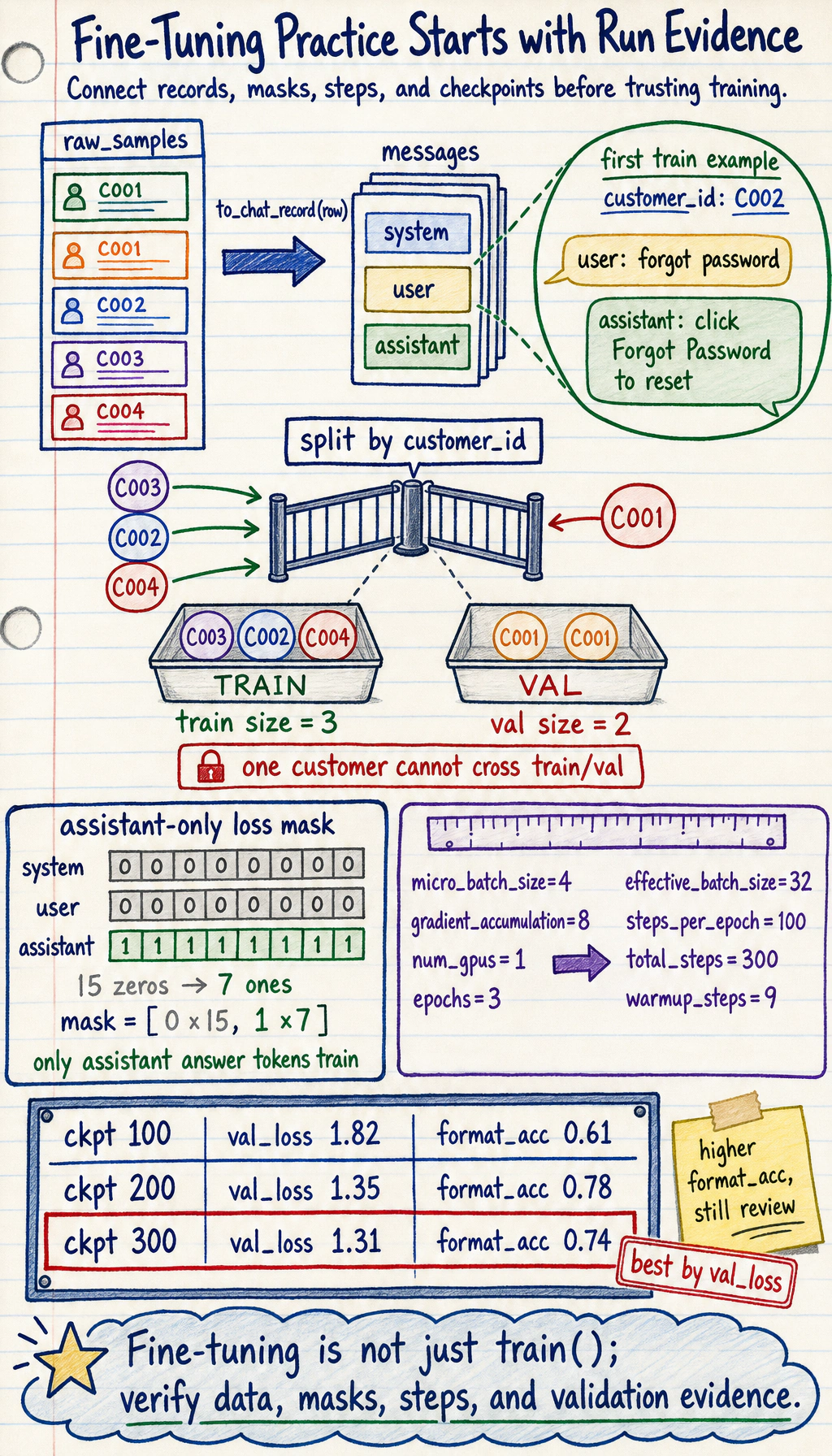 Fine-tuning run evidence board showing data splitting, assistant-only loss mask, training plan outputs, and checkpoint selection