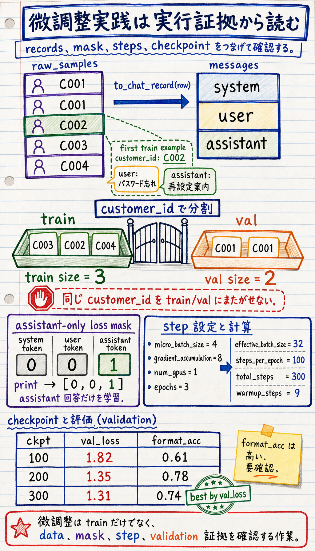 微調整の実行証拠図：data split、assistant-only loss mask、学習計画出力、checkpoint 選択をつなげて示す