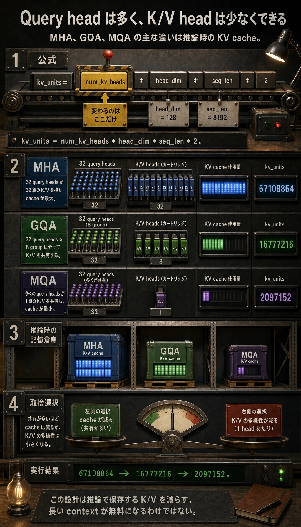 KV cache と MHA/GQA/MQA の比較図