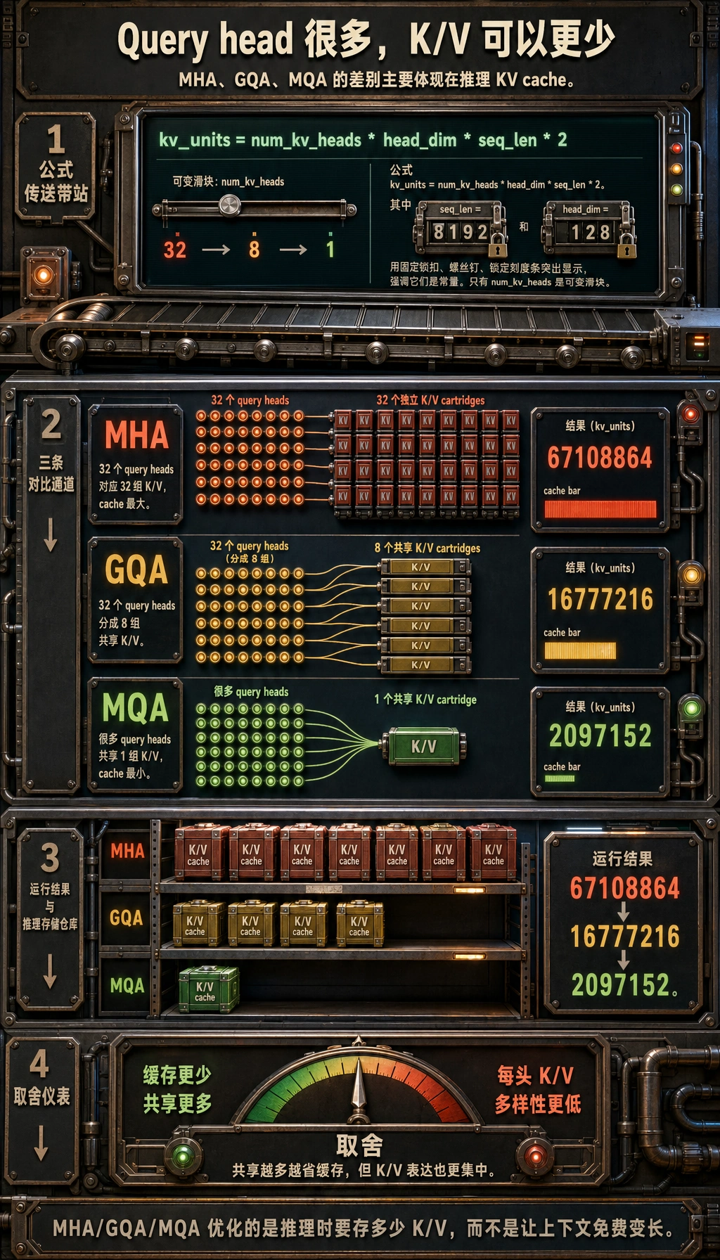 KV cache 与 MHA/GQA/MQA 对比图