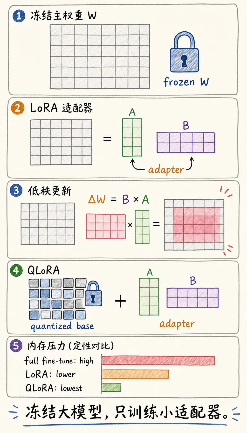 LoRA 与 QLoRA 低秩增量和显存节省图