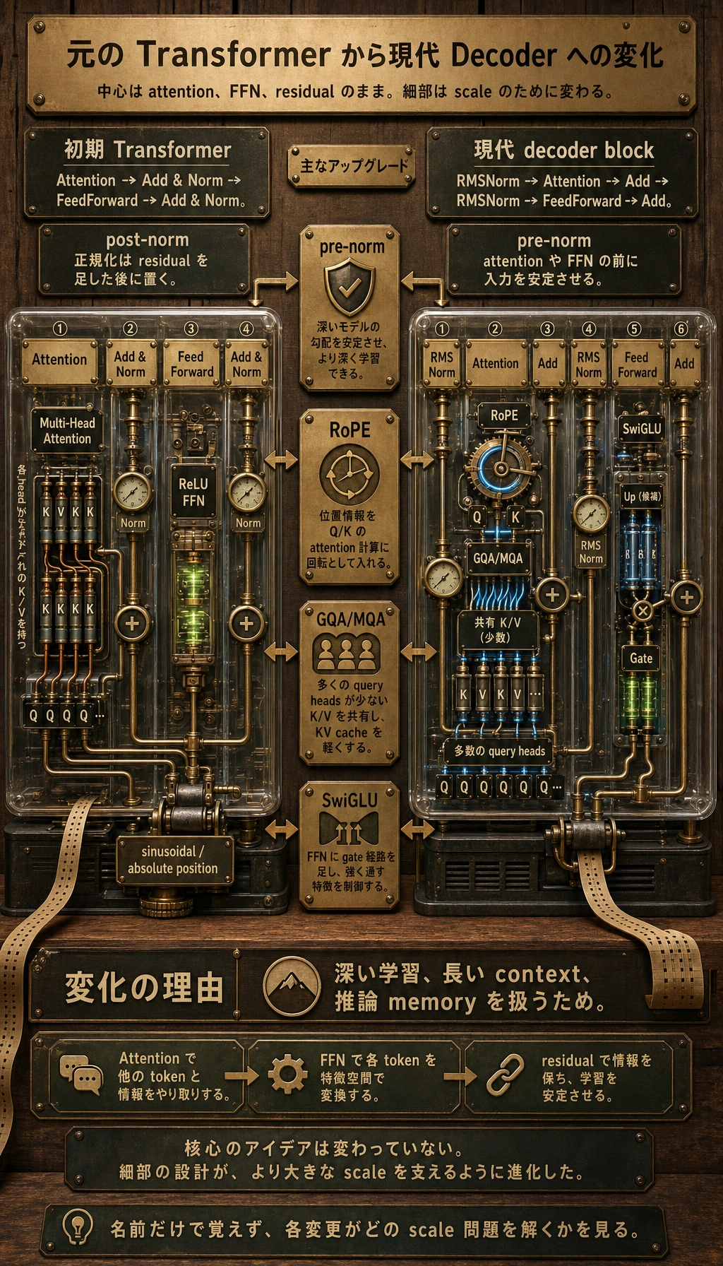 元の Transformer vs 現代 LLM デコーダー