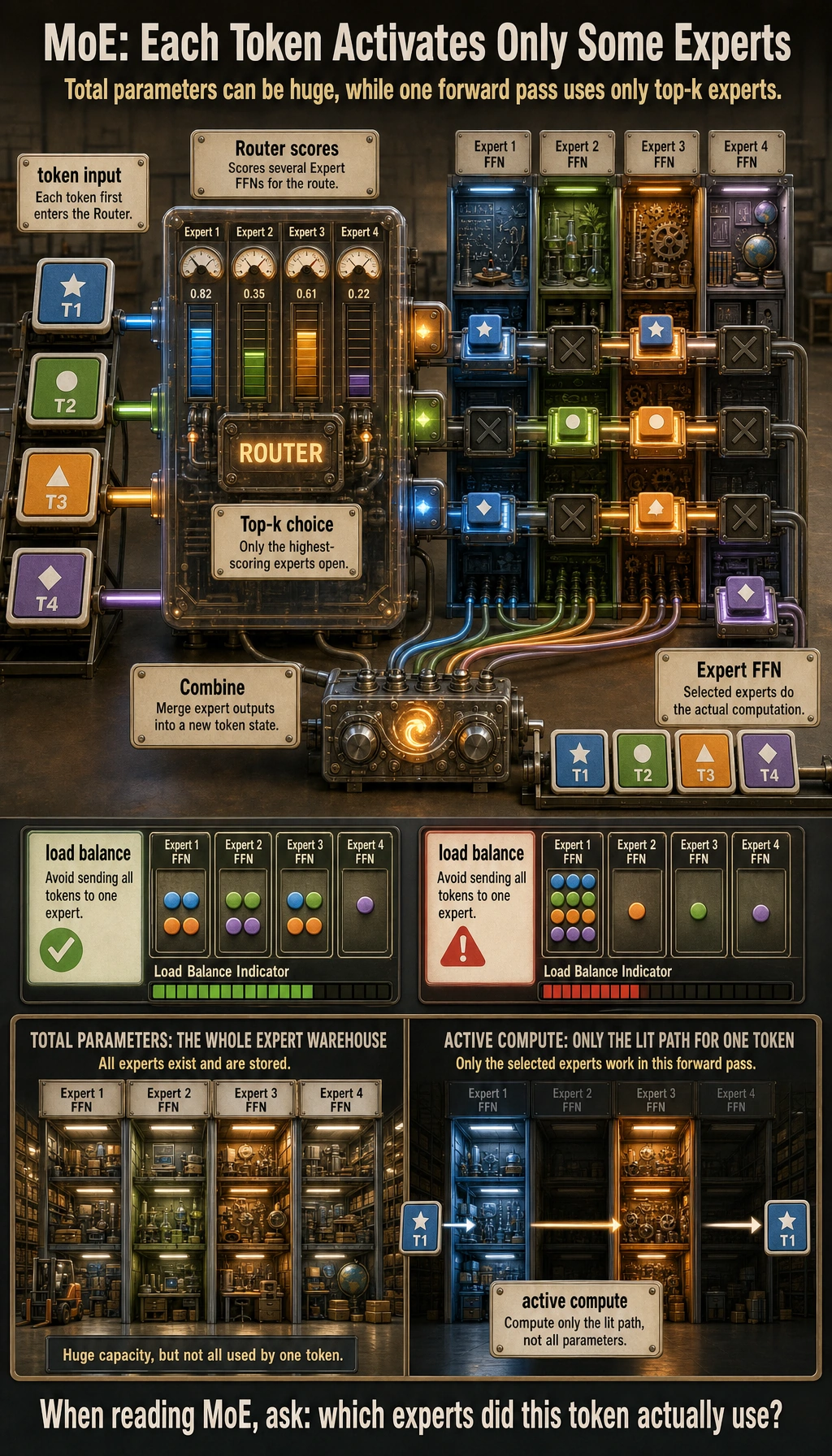 MoE token routing and expert activation diagram