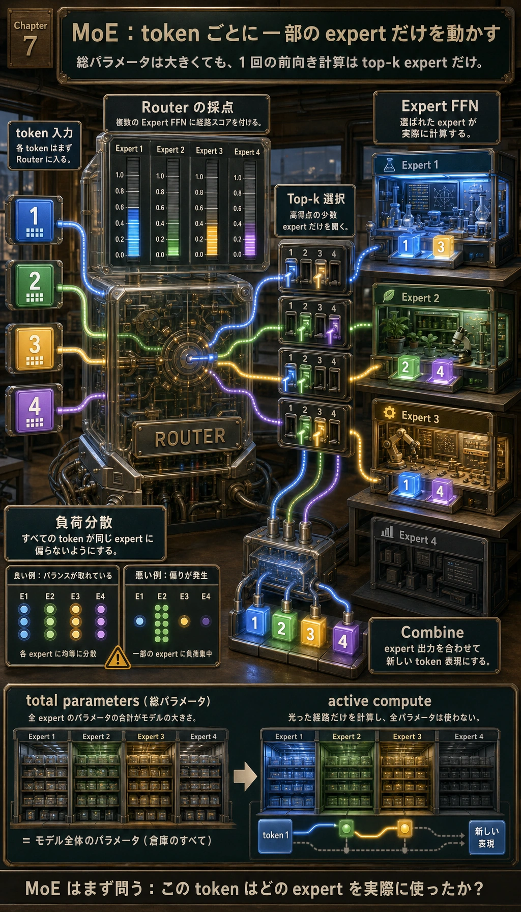 MoE の token ルーティングと expert 活性化図
