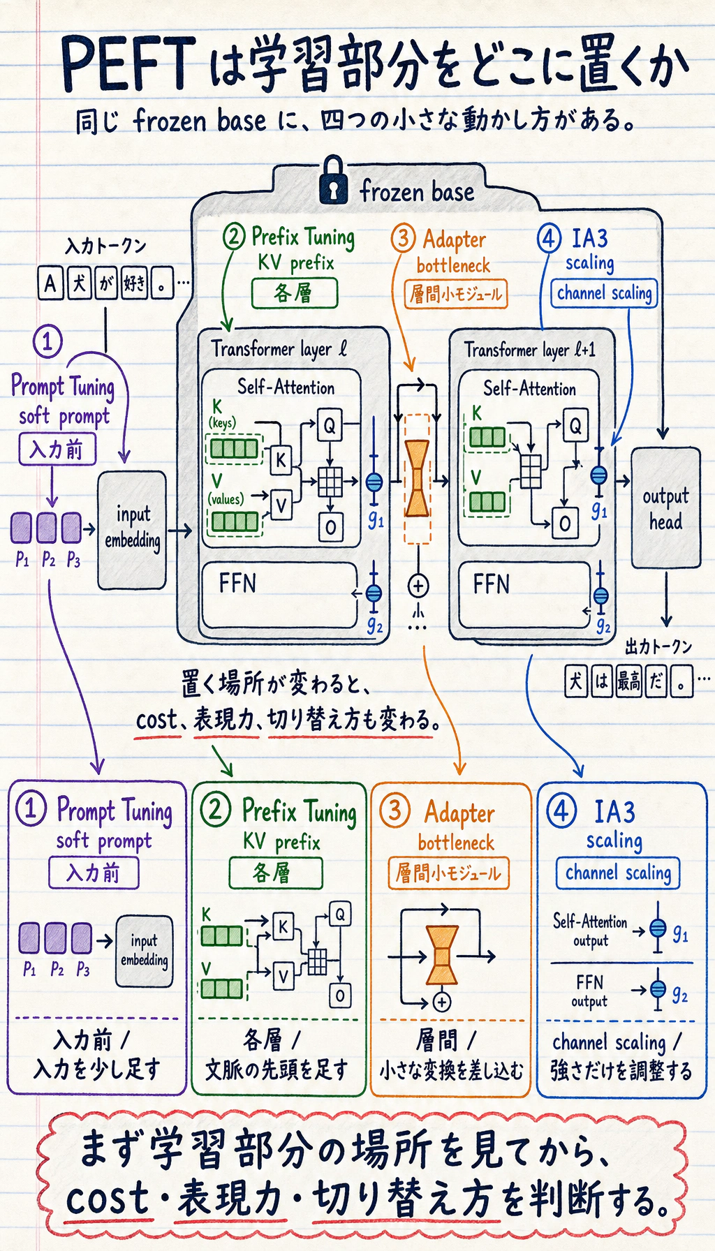 PEFT 方法の学習可能パラメータ配置図