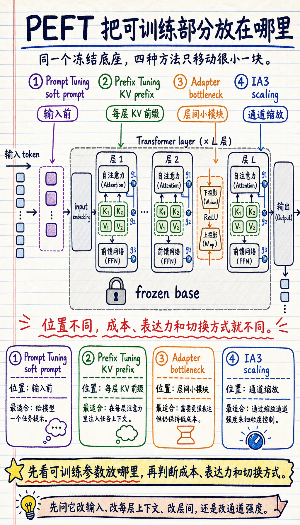 PEFT 方法可训练参数放置位置图