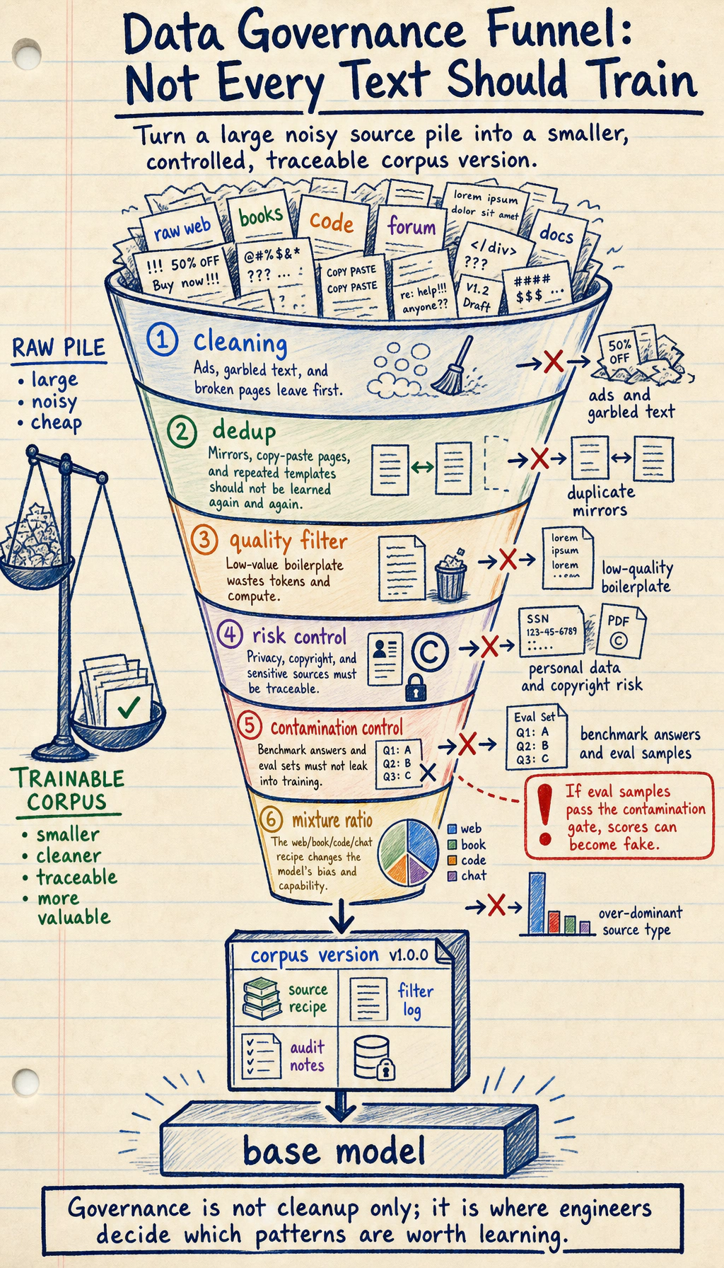 Pretraining data governance funnel diagram