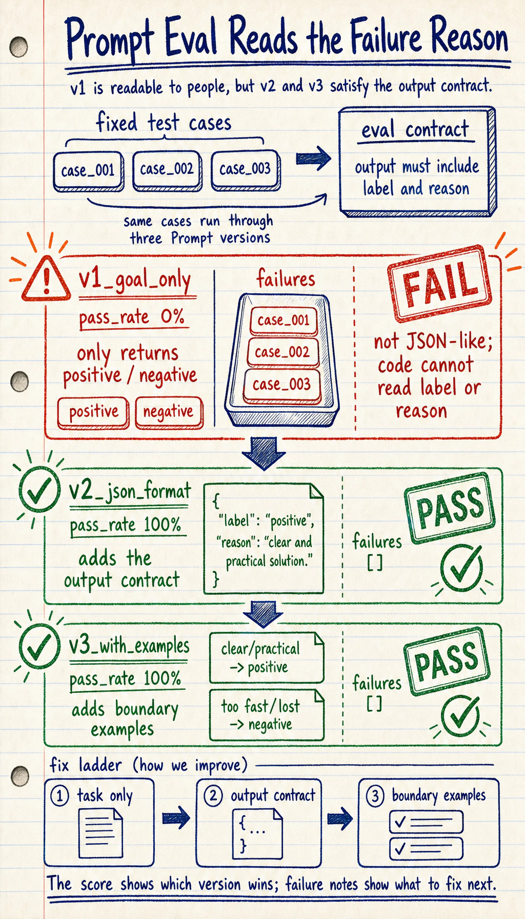 Prompt evaluation version pass rate and failure result board