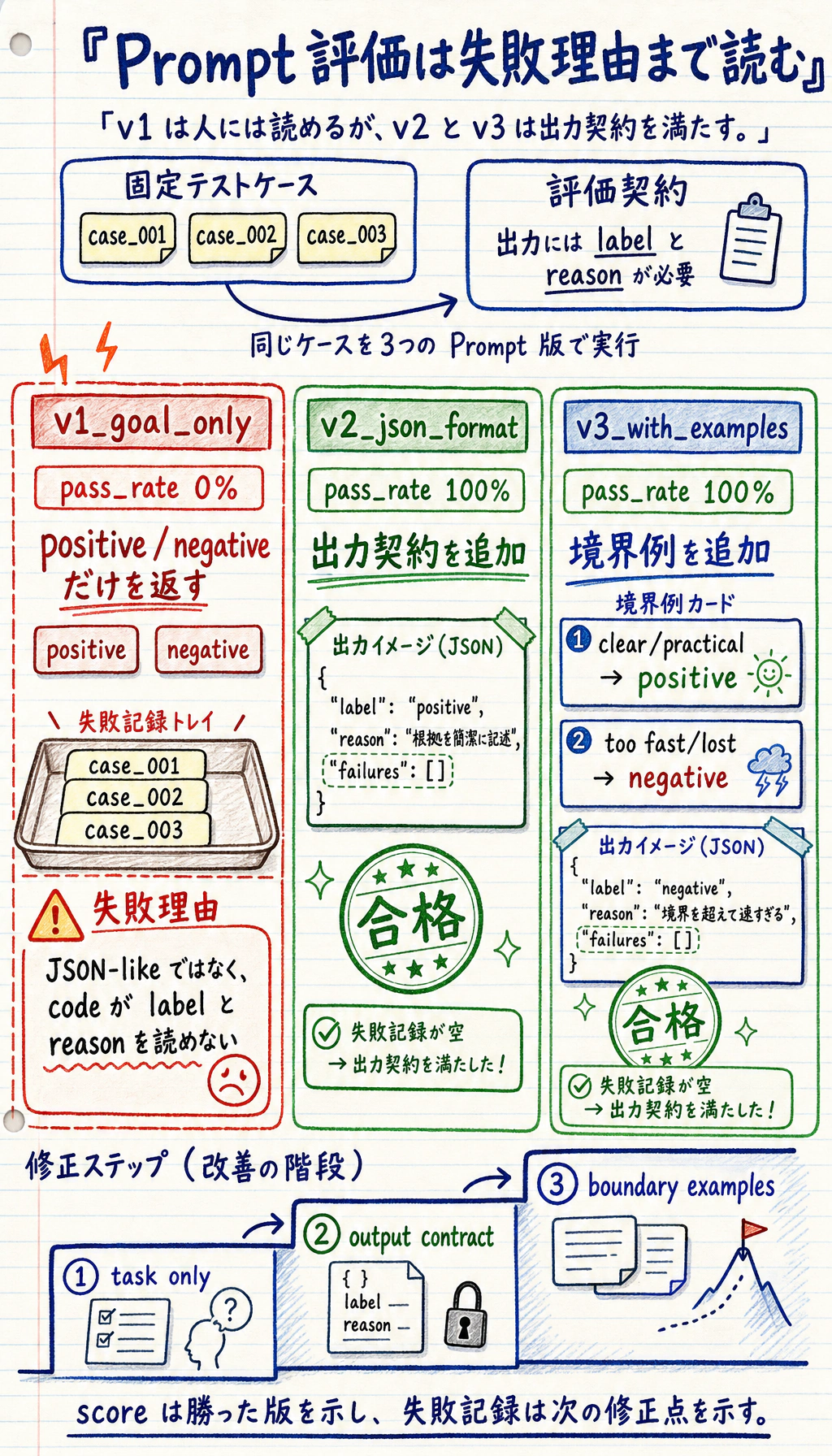 Prompt 評価バージョンの合格率と失敗理由の結果図