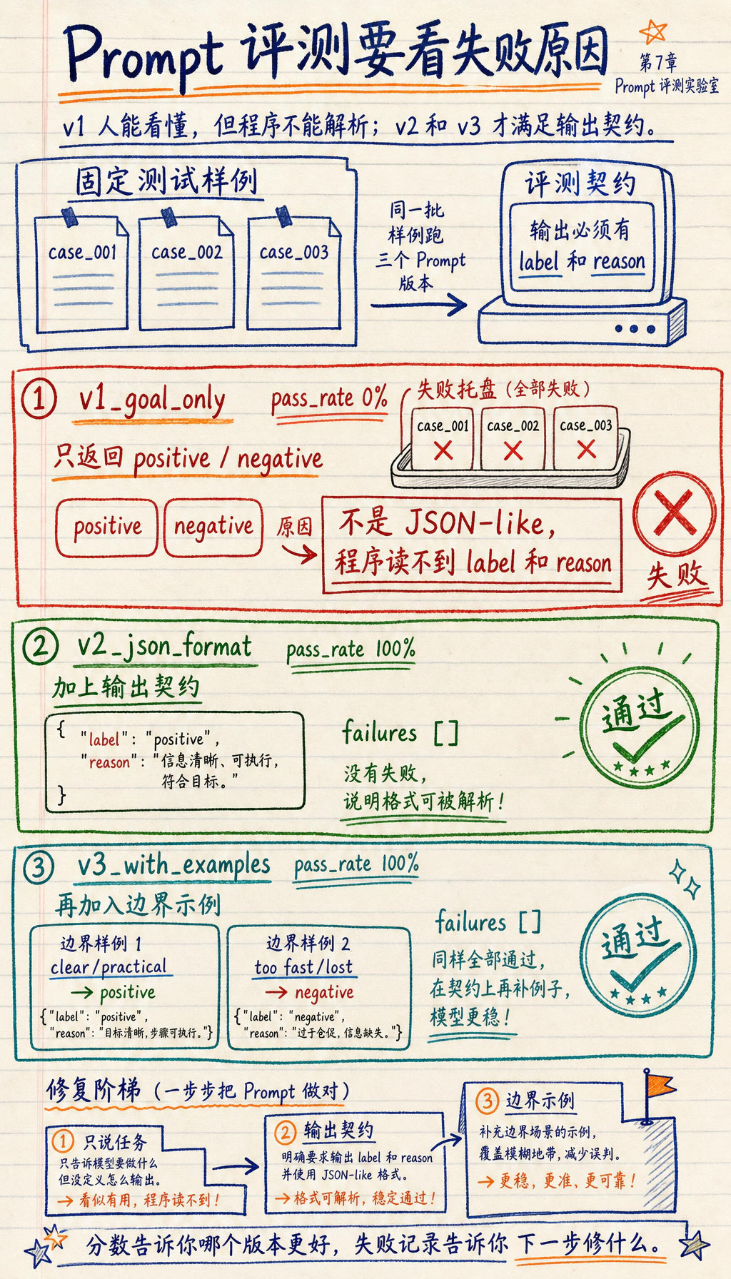 Prompt 评测版本通过率与失败原因结果图