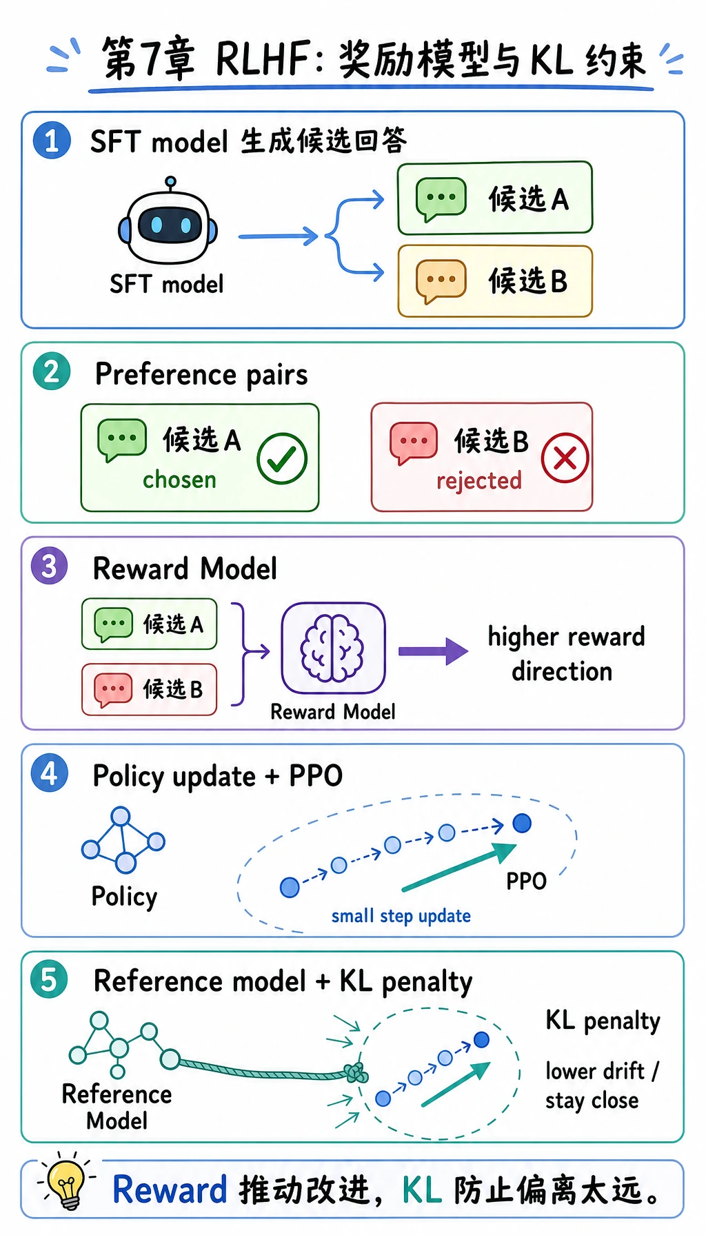 RLHF 奖励模型与 KL 约束闭环图