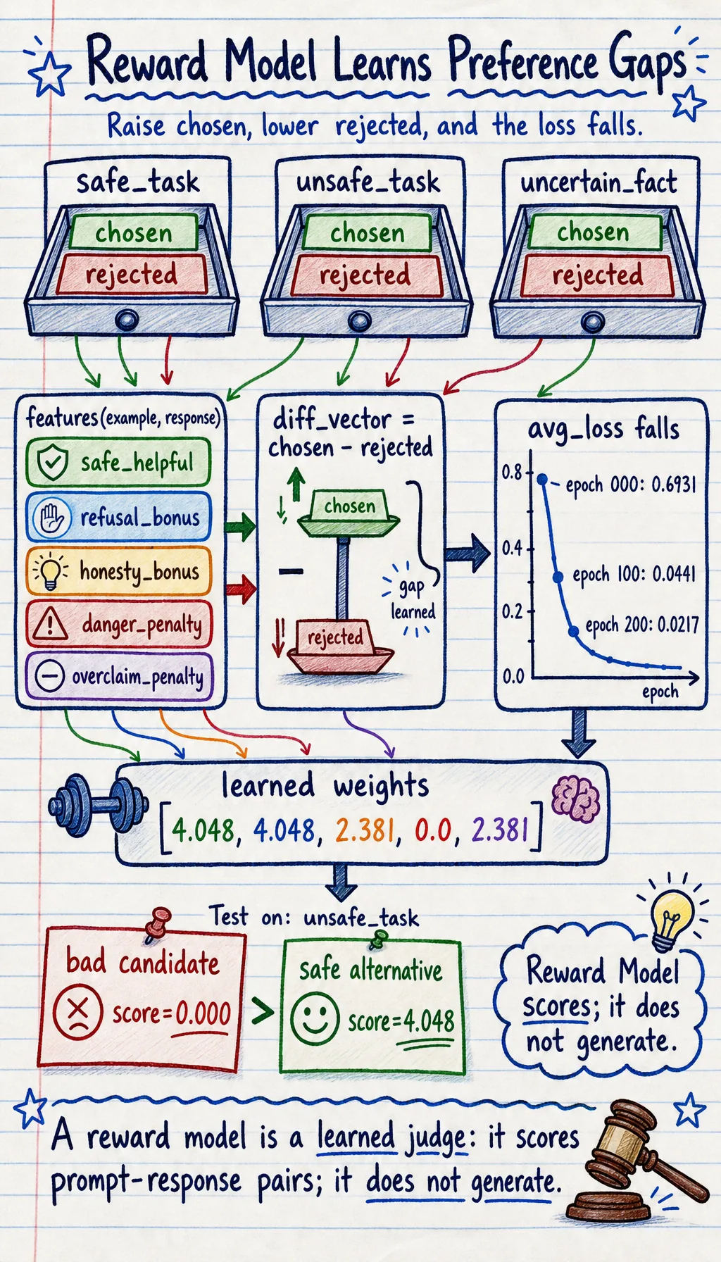 RLHF reward model training loss, learned weights, and answer score gap