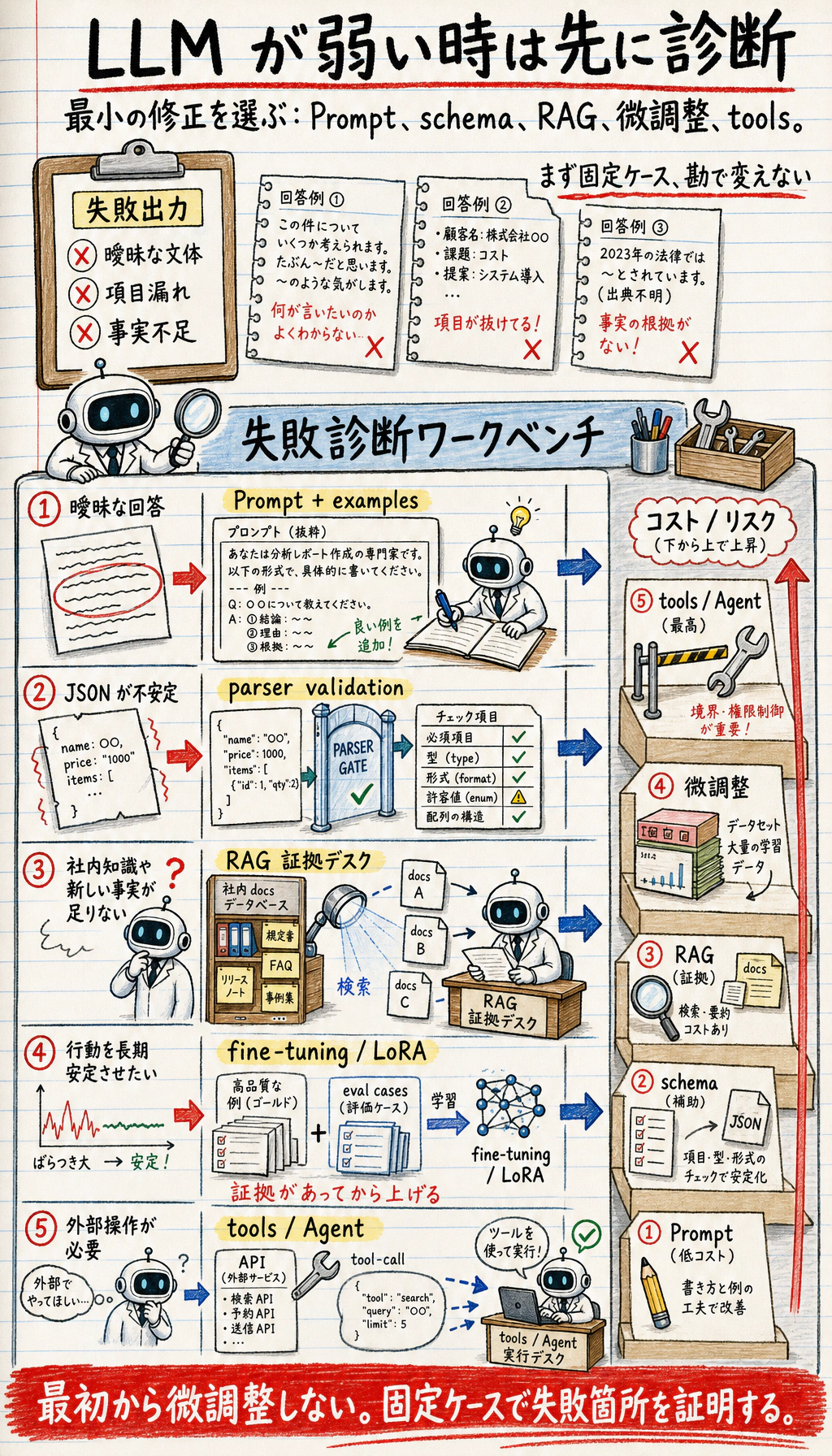 Prompt、RAG、微調整、ツールの選択図
