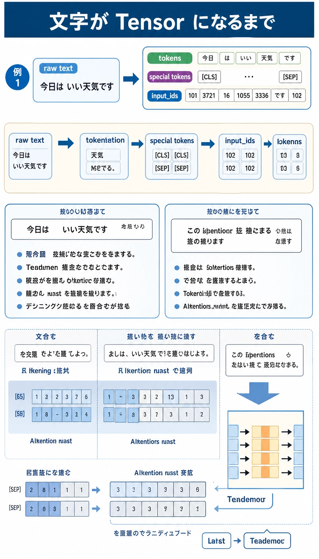 Tokenizer から input_ids と attention_mask への図