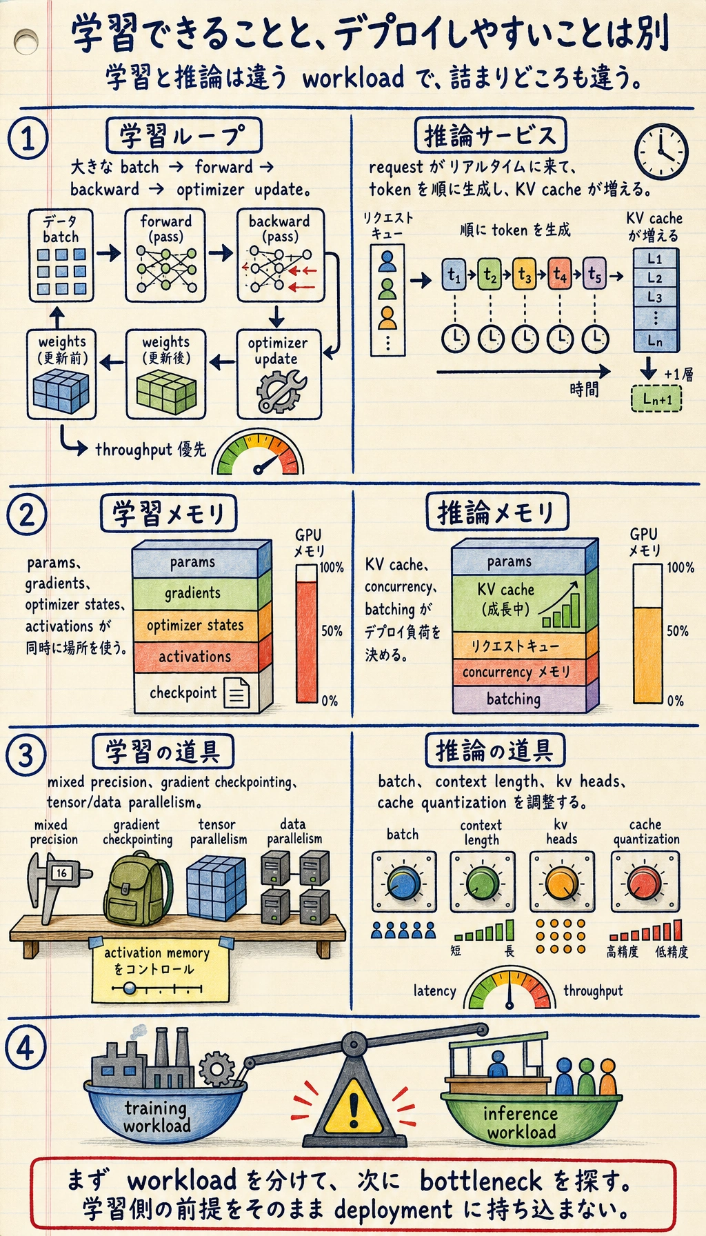 学習時と推論時のコスト構造の比較図