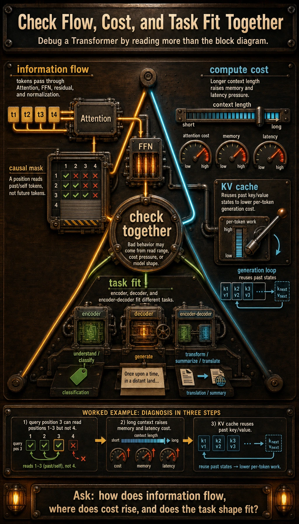 Transformer information flow, computation cost, and task fit diagram